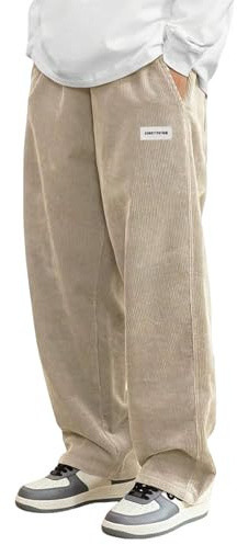 ORANDESIGNE Cordhose Herren Baggy Japanische Hose Herbst Winter Haremshose Casual Lockere Männer Cord Hose mit Kordelzug Elastischer Taille Geradem Bein A Aprikose L