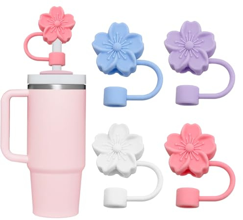 YISCOKO Silicone Stanley Straw Toppers - 4PCS Flower Straw Covers, Compatible with 10mm Straws, Four Colors