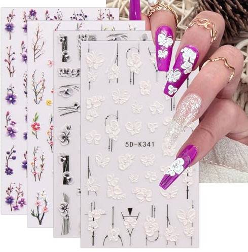 JMEOWIO 3D Nagelsticker Blumen Nail Art Sticker Selbstklebend Nagelaufkleber 5D Stereoskopisch Frühling Sommer Dekoration Nageldesign Zubehör 4 Blatt