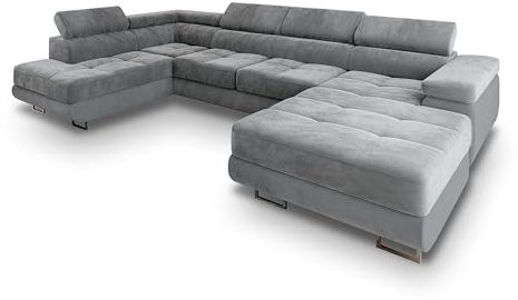 Masseno Ecksofa CASONE L-S mit Schlaffunktion U-Form, Sofa mit Bettkasten, Wohnzimmersofa, Couch, Soffa, Bettsofa, Couchgarnitur- Hellgrau, Monolith 84