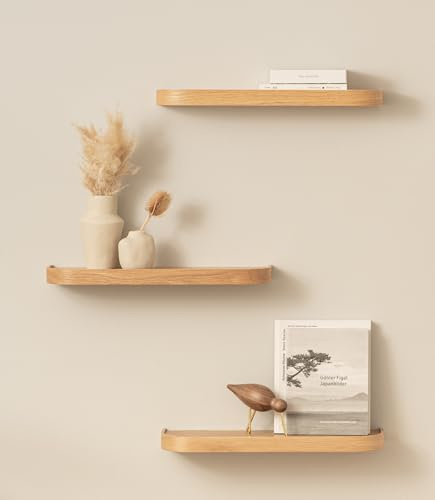 Kazai. Estantería Pared Set 'Toke' | 3 Baldas Flotantes Pared en Chapa de Madera Natural | Estante Pared para Decoración y Almacenamiento en Baño, Cocina, Sala, Dormitorio y Más | Roble