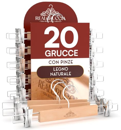 20 Grucce Appendiabiti con Pinze per Gonne Jeans Pantaloni in Legno Naturale 13x33cm - RealGruccia Gancio Girevole 360° in Metallo Resistente Clips Regolabili Salvaspazio e Robuste - Finitura Lucida