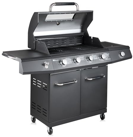 Fire Mountain Everest Pro 5 Burner Gas BBQ with Side Burner, Glass Lid Viewing Window, Cast Iron Grills, LED Control Dials & Built-In Thermometer, Large Family Cooking Area