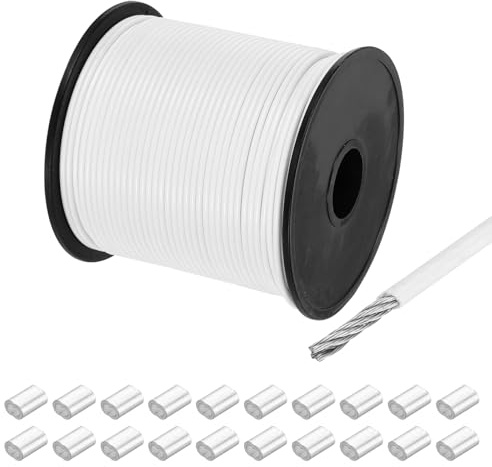 QUARKZMAN Drahtseil Edelstahl 80M x 2 mm Stahlseil PVC ummantelt mit 20 Aluminiumhülsen Sicherungsdraht Aufhängedraht Drahtkabel Wäscheleine für Bilder Outdoor Zaun Gardinen, Weiß