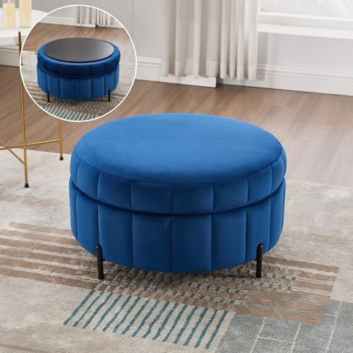 FUDBYTI Velvet Upholstered Storage Ottoman, 31.5 Large Round Foot Stool with Reversible Wooden Lid, Channel Tufted Pumpkin-Shape Coffee Table for Living Room, Bedroom, Office (Navy, 31.5 W)