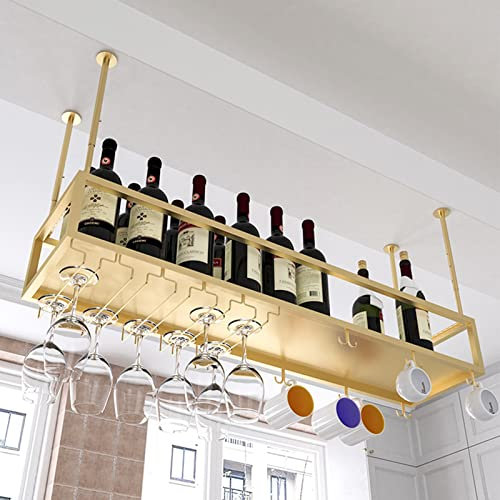 GLMGBP Estante Ajustable para Copas de Vino, Ideal para decoración del hogar, Color Dorado, con portabotellas, Estante para Copas y Almacenamiento, Elegante decoración de Techo para vinoteca (60 x