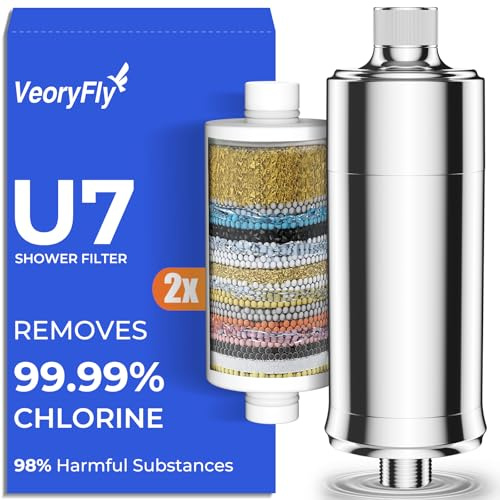 Filtre de Douche 99% Chlore Éliminé, 2 Cartouches, Filtre Anti Calcaire Douche, Adoucisseur d'Eau Dure, Améliore Peau et Cheveux, Installation Facile, Compatible Tuyau G1/2, Filtration Jusqu'à 100%