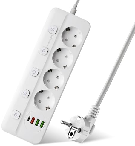 ​GOEDCH Steckdosenleiste Einzeln Schaltbar: 4 Fach Steckdosenleiste Wandmontage mit 3 USB &1 Type-C, Steckdosen leiste überspannungsschutz, 2M Kabel Berspannungsschutz Mehrfachsteckdose mit Schalter​​