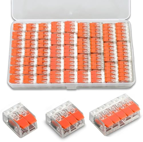 90-teiliges Lüsterklemmen Set aus flammhemmendem PC Material für 2-3-5 Leiter mit 4 mm² Querschnitt und Betätigungshebel universell kombinierbar für Kabelverbindungen