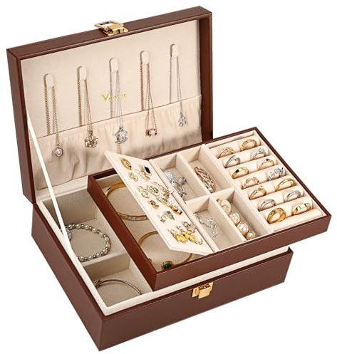 Voova Jewellery Box Organiser for Women Girls, 2 Layers Large Jewelry Storage Case, PU Leather jewlerrying Display Holder with Removable Tray for Necklace Earrings Rings Bracelets, Gifts,Coffee