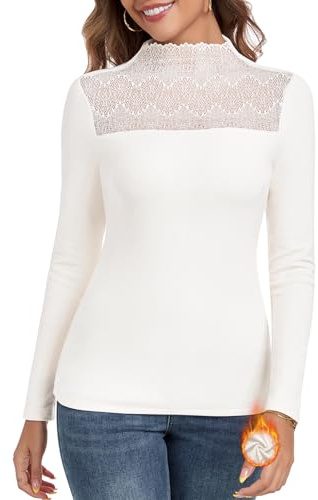 WOWENY Maglia termica da donna a maniche lunghe, top caldi in pizzo, pullover, maglia termica da donna, maglia funzionale, pullover a collo alto, canottiera invernale, panna, XXL