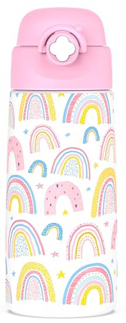 Ntswasd Girls Insulated Water Bottle with Covered Pop-Up Straw,500 ML Kids Cups with Stainless Steel Leak Proof for School（Rainbow）