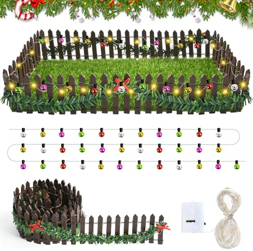 Clôture de Jardin Miniature, Petite Guirlande Lumineuse, Miniature Clôture en Bois avec 200cm Mini Guirlande LED à Pile et 100cm Fausses Guirlandes Lumineuses, Accessoires Maison de Poupee (E)