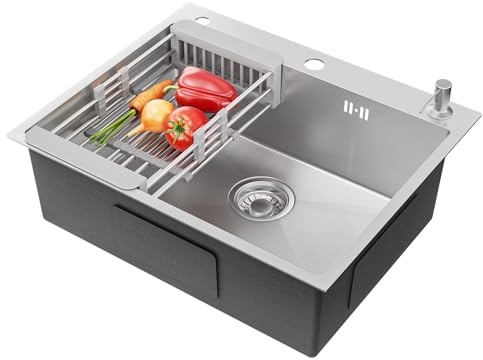 CECIPA Evier Cuisine 1 Bac 60x49CM, Lavabo Cuisine Inox Trous Pour Robinets Et Distributeur De Savon Et Panier TéLescopique, Convient Aux Armoires De Plus De 60CM