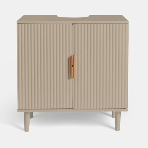 OHS Ribbed Under Sink Bathroom Cabinet, Free Standing Wooden Under Basin Unit Cupboard Storage Cabinet with 2 Doors & Shelf Bathroom Sink Cabinet with Feet, Taupe - 60 x 30 x 61cm