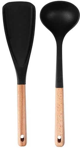 Spatule Cuillère en Silicone - Manche en Bois Antiadhésif et Résistant à la Chaleur | Ensemble de Spatules de Mélange à Manche en Bois - Pour Salade Soupe Pâtisserie Mélange Service