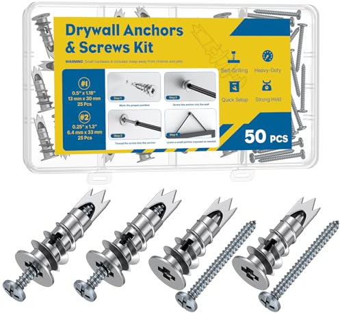 Uniclife 50 Pcs Chevilles Autoforeuses Plaques de Plâtre Chevilles Murales Haute Résistance Kit Chevilles Métalliques vis Plaques Plâtre Chevilles Alliage Zinc Vis 6 x 33 mm Kit Accrocher des Cadres