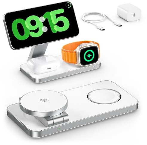 3 in 1 Wireless Charging Station for iPhone, Qi2 25W Fast Magnetic Travel Wireless Charger Dock, MagSafe Charger Stand for iPhone Air/17e/17/16/15/14/13/12, AirPods Pro 3 2 Apple Watch (35W Adapter)