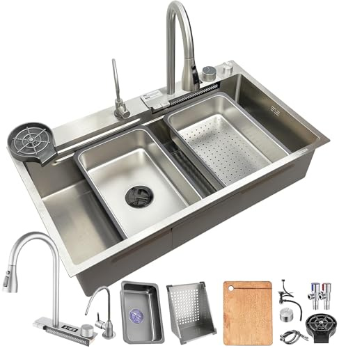 HZKSINNK Fregadero de cocina de 85 x 50 cm, acero inoxidable 304 cepillado, con escurridor, sifón, desagüe, 1 fregadero empotrable, rectangular, gran cuenca