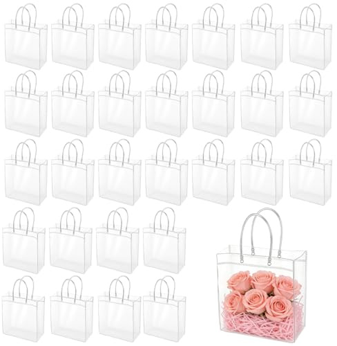 KEILEOHO 30 Stück Geschenktüten Transparent, 20 x 20 x 8cm Wiederverwendbare Geschenktaschen Transparent mit Griff, PVC Geschenkbeutel Durchsichtig für Geschenke, Hochzeiten, Party