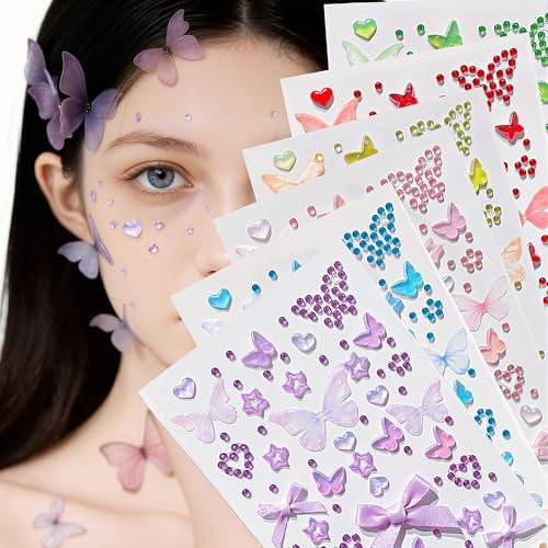 6 Stück Glitzersteine Gesicht Glitzer Sticker Sterne Schleifen Schmetterling Herz Strasssteine Selbstklebend Glitzer Gesicht Steine Selbstklebende Glitzersteine zum Basteln Glitzersticker Rhinestones