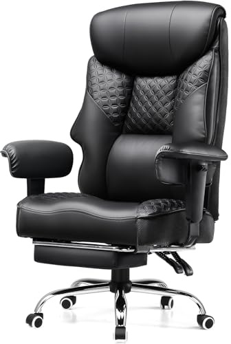 COMHOMA Gamingstol för stora och tunga personer, ergonomisk kontorsstol upp till 180 kg, 3D-sittkudde, justerbar med fotstöd, PU-läder, hög komfort för kontor och gaming svart