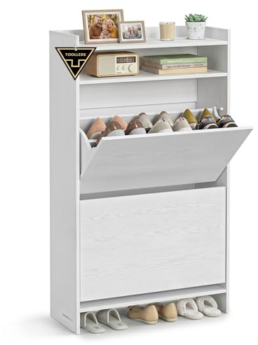 SONGMICS HOME Schuhschrank 2 Klappen, Snapsemble – superschnelle Montage， Schuhkipper schmal, Schuhaufbewahrung, Trennwand verstellbar, modern, für Flur, schneeweiß LBC228WE01