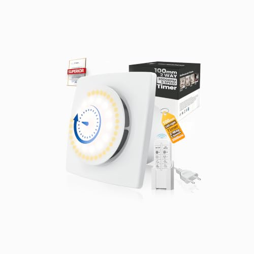 Extractor de Baño de 100 mm Temporizador,3000tr/min 220m³/h,VMC 2 Dir 6 Velocidades con LED Iluminación+MandoADistancia,Caudal De Aire Potente 2W Motor DC Fácil Instalar Sala De Baño