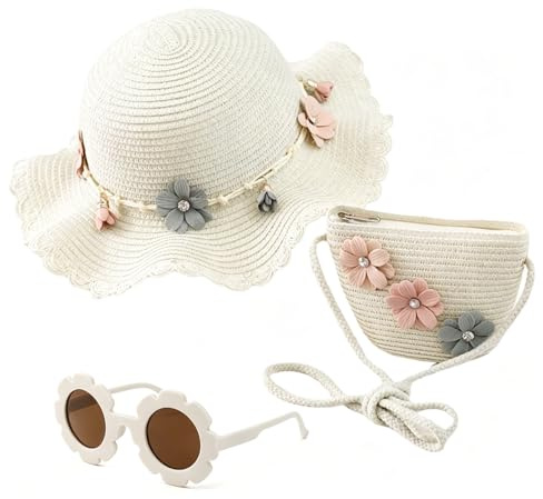 YDAKGUEY Little Girls Handbag Set, 3 Pcs Girl's Straw Bag with Flower Sunglasses and Straw Hat, Girls Cross Body Bag with Flower Design for Birthday Gifts and Toys