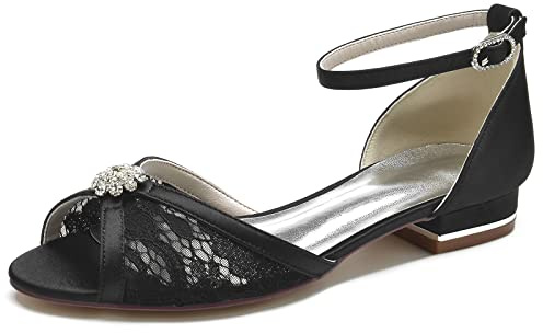 Yhsdfcn Blommig Spets och Satin Ballerinaskor Dam Platta, Peep Toe Brudskor med Ankelrem och Kristallbrosch, Bekväma Pumps för Bröllop med Rhinestone-spänne,Black,EU36
