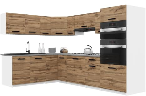 Belini Italia 8 Eckküche Küchenblock 420cm Goldbraun | Küchenset als Eckküche, weiße Korpusse, DECOR ECONATURA Material, kratzfest, ohne Elektrogeräte, mit Arbeitsplatte