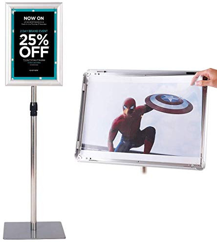 COSTWAY Porte Affiche sur Pied A4, Présentoir sur Pied Rotation 360 Degrés, Hauteur Réglable 73,5-118 cm, Cadre en Alliage d'Alu, Tube en Acier INOX, Support Affichage A4 Intérieur Extérieur(Argent)