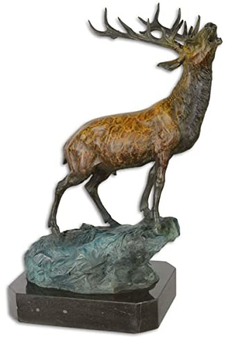 Casa Padrino bronsfigur hjort på sten brons/blå/svart 26,3 x 18,3 x H 37,8 cm – bronsskulptur med marmorbas
