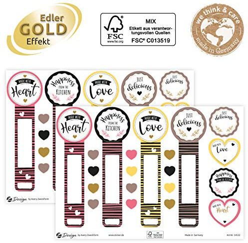 AVERY Zweckform Aufkleber Selbstgemacht 40 Sticker Siegelaufkleber (Etiketten auf A5 Bogen, beschriftbare Klebeetiketten für Marmelade, Einmachen, Verschlussetikett, mit Goldeffekt) 54552 4004182545522