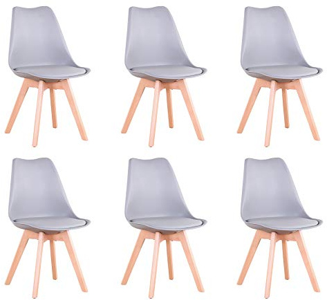 BenyLed Juego de 6 Sillas de Comedor con Asiento Tapizado y Patas de Madera de Haya, Ideal para Comedor, Cocina, Salón, Dormitorio, Gris