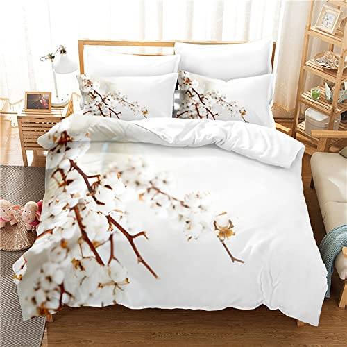 Copripiumino Matrimoniale 260x220 cm Aldulto Fiore Di Ciliegio Bianco Biancheria da Letto con Cerniera Nascosta Morbido Traspirante Facile da Pulire Set Copripiumini in Microfibra e 2 Federe 50x80 cm
