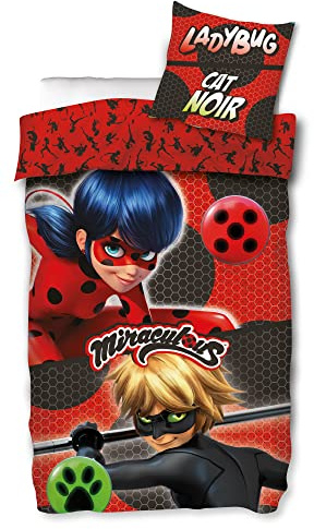 Miraculous Ladybug Children's Bed Linen Duo Red 135 x 200 cm + 80 x 80 cm 100% Cotton Renforcé Linen Quality Lady Bug Marinette Dupain-Cheng Adrien Cat Noir Paris Tikki Plag German Size 053-B