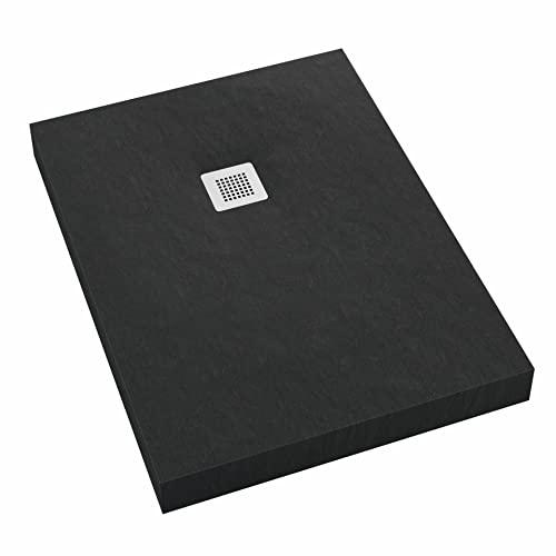 VBChome Acryl-Duschwanne 90 x 140 x 12 cm Schwarz Steinstruktur Sanitär-Acryl Rechteckig Siphon Duschtasse Drei Montagemöglichkeiten Duschbecken Stabil + Siphon