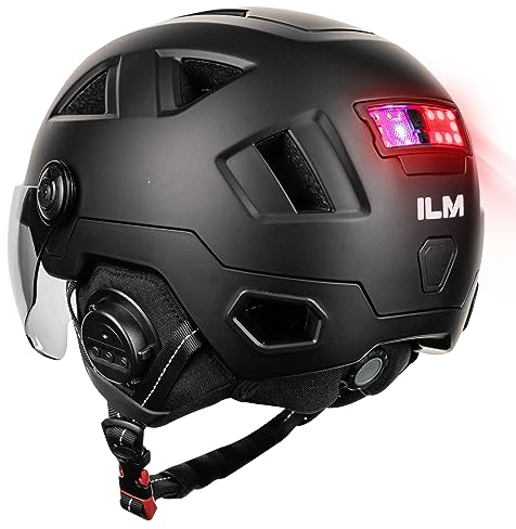 ILM Smart Bluetooth Fahrradhelm Damen Herren mit Visier Warnung Bremse LED Lichtsensor Lichtfunktion Kopfneigen Blinken Auszulösen Modell E3-12LSBT,Bluetooth Mattschwarz,S/M