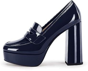 Womens Platform Heels Loafers Chunky High Heel Closed Toe Patent Leather Shoes Penny Loafer Business Dress Work Pumps, Navy, Size 9.5