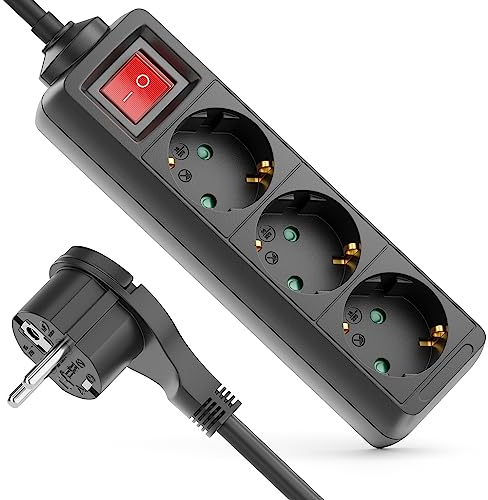 deleyCON Ciabatta Elettrica a 3 Prese con Spina Piatta e Interruttore ON/OFF Ciabatta Elettrica per Uso Interno Cavo 1,4 m Spina Piatta Robusto Alloggiamento in Plastica Nero