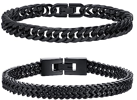 Herren Armband Edelstahl Armbänder Panzerkette - 2 Stücke Schwarz Herrenarmbänder für Männer Jungs Kubanische Armband 8mm Breite 21cm Länge Geschenke für Papa Sohn Bruder Ehemann Freundschaft