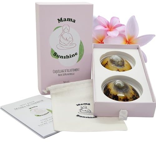 Coquillages d’Allaitement Mama Sunshine – Nacre Naturelle – Protège-Mamelons Réutilisables – Boîte Rigide + Pochette – (L – 6 à 6,5 cm)