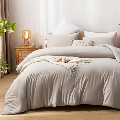 Lanqinglv King Duvet Cover Set Linen Like Textured Tannish Microfiber Bedding Set Ultra Soft Quilt Cover 220x240 with Zipper Closure and 2 Pillowcases 50x75cm