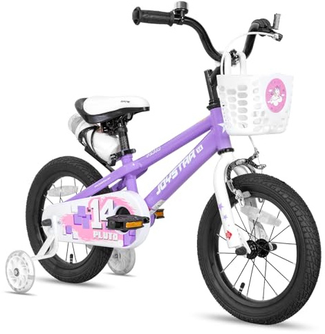 JOYSTAR Pluto Kids Bike 14 tums barncykel för pojkar och flickor i åldern 3–5 år, barncyklar med stödhjul, lila