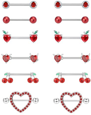 Nipple Piercing Jewelry - 6 Pairs Nipple Rings Set, Nipple Jewelry, Stainless Steel Nipple Jewelry, Double Diamond Heart Nipple Ring Cherry Devil Pearl Heart Leaf Nipple Piercing, Cute Nipple Rings