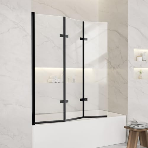 Foldable Tub Shower Door, 47 W x 55 H Frameless Hinged Shower Screen for Bathtub, 1/5 Tempered Glass Door for Shower, 180° Pivot Swing Tri-fold Glass Panel for Bathtub, Matte Black