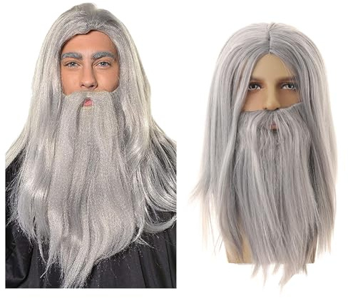 UILYNIU Grau Zauberer Perücke und Lang Bart Halloween Kostüm, Magier Hexer für Herren Damen, Lang Grau Gerade Perücke