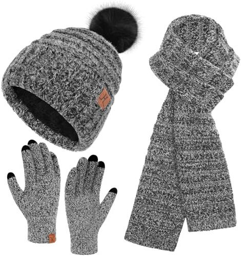 Winter Damen Mütze Schal Touchscreen Handschuhe Set mit Fleece Gefütterte, Warm Wintermütze Strickmütze Beanie mit Bommel Winterhandschuhe Lange Schals für Damen Geschenk Weihnachten, Schwarz