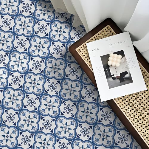 Alwayspon Revêtement de sol en vinyle, carreaux de sol autocollants bleus et blancs à coller pour salle de bain cuisine, crédence, carreaux de revêtement de sol en vinyle à décoller et coller, 12